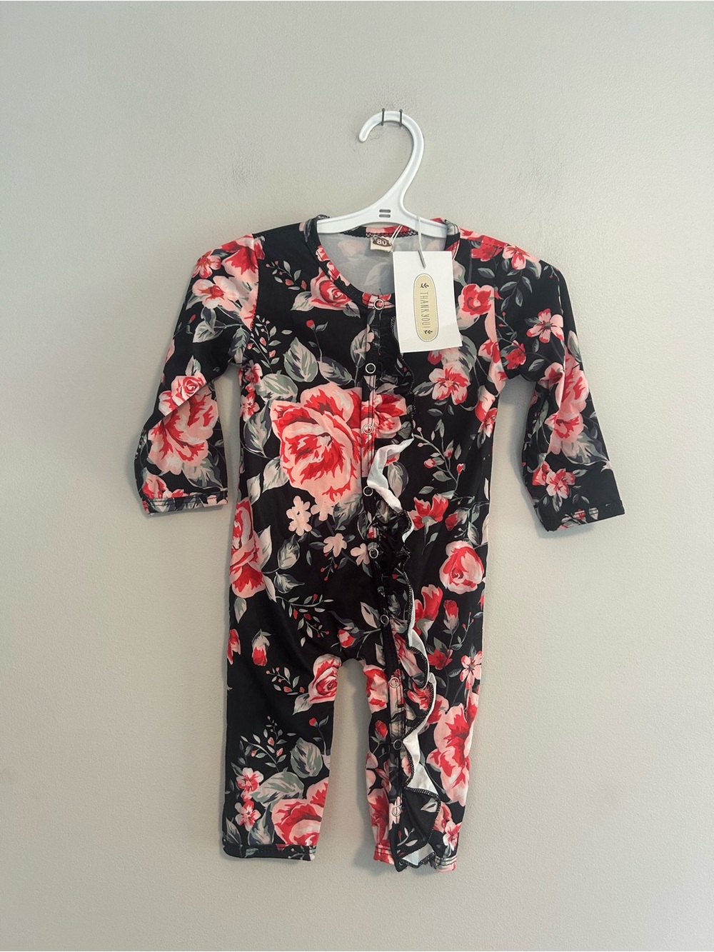 NEW small shop 3/6m black with red & pink Floral button up Romper